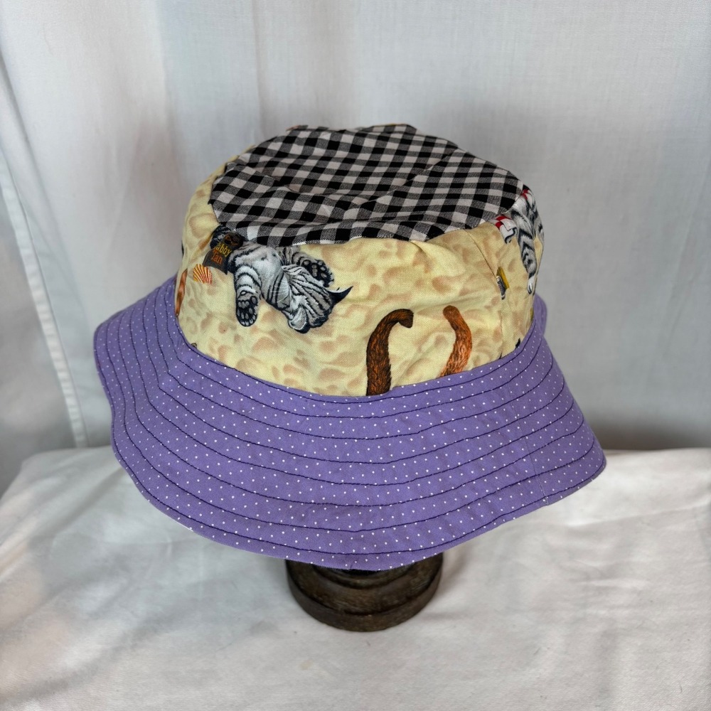 Handmade Reversible Bucket Hat Cat Print Chevron Paw Prints Sun Hat NEW 22" - Picture 5 of 6